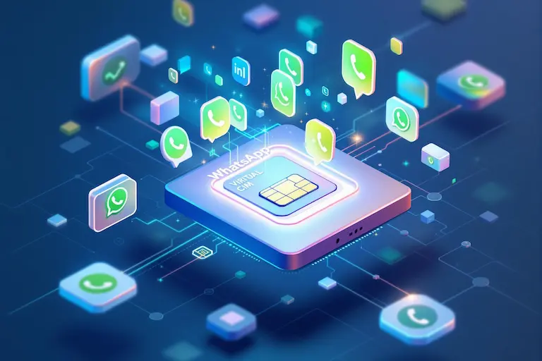 Ilustração mostrando a transição de um chip físico para uma solução virtual de WhatsApp Business