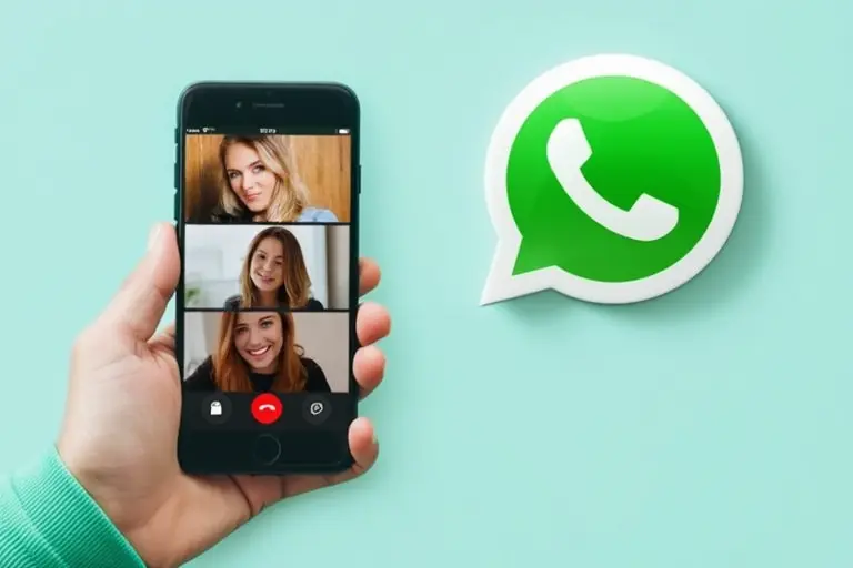 Uma mão ilustrada com manga verde-menta segura um smartphone exibindo uma interface de videochamada com três participantes.