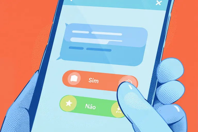 Ilustração de uma mão segurando um smartphone exibindo uma mensagem do WhatsApp com dois botões interativos: um botão laranja 'Sim' e um botão verde 'Não'.