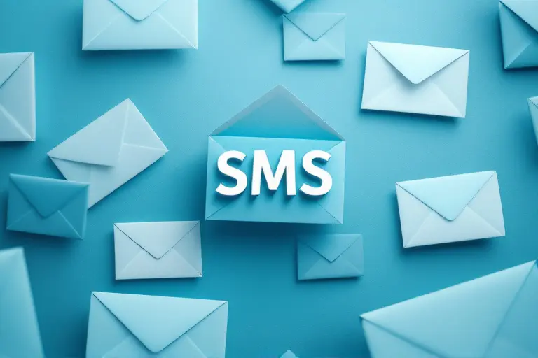 Ilustração mostrando múltiplos dispositivos móveis recebendo mensagens SMS