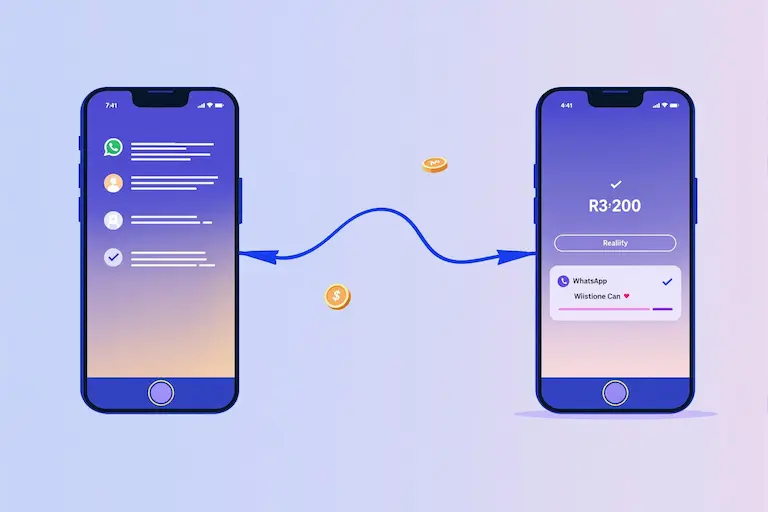 Ilustração minimalista em azul mostrando dois smartphones conectados por uma linha fluida com moedas flutuantes, representando o programa de indicação blü e o sistema de recompensa.