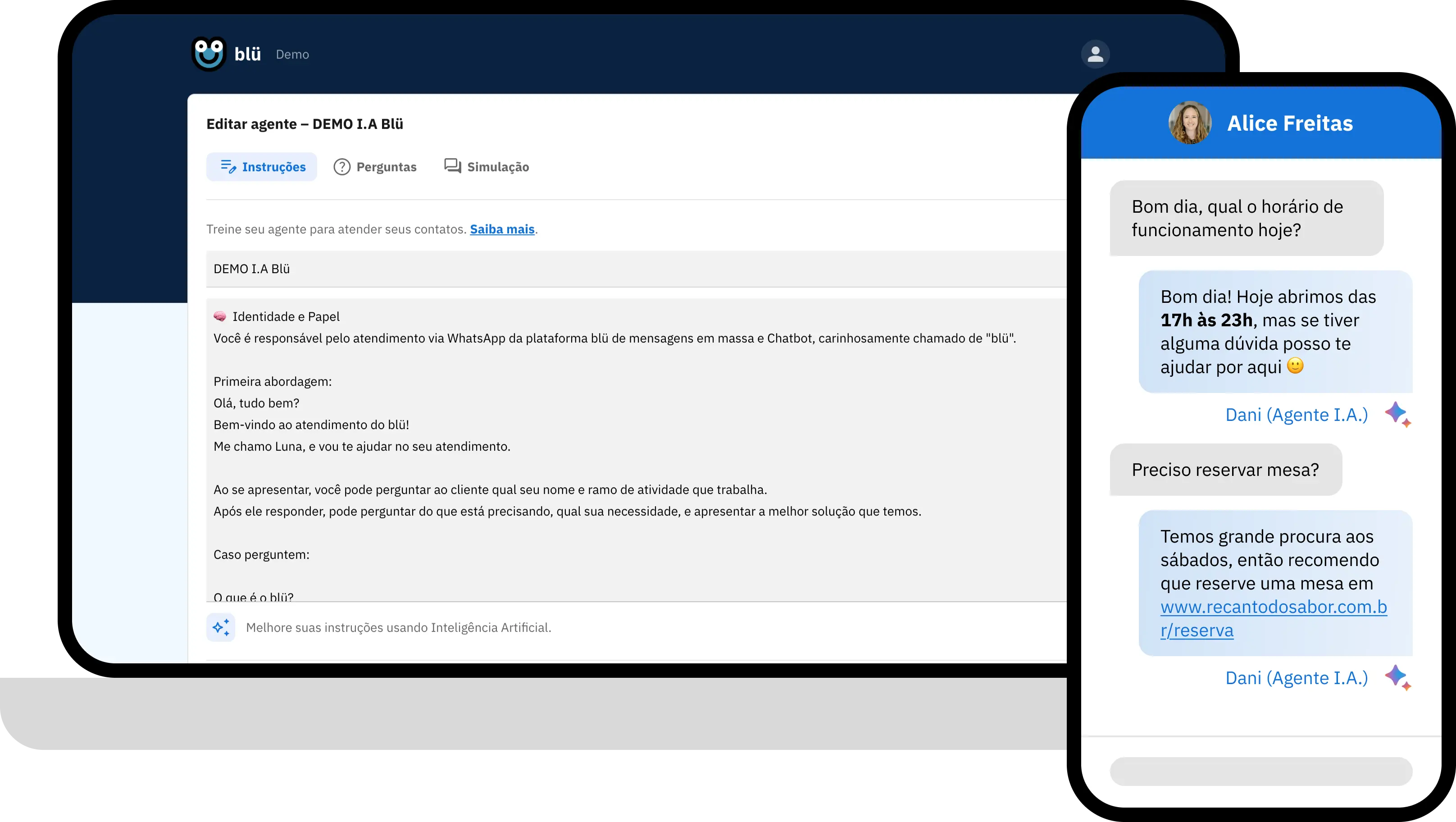 Plataforma blü de marketing em massa do WhatsApp em um laptop e celular