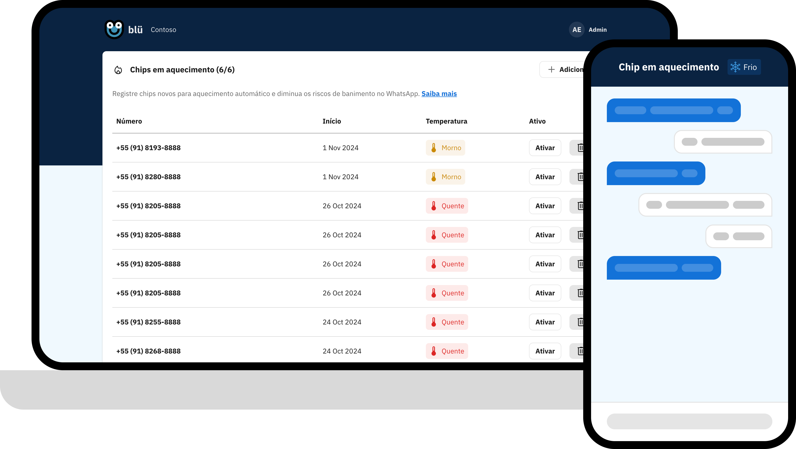 Plataforma blü de marketing em massa do WhatsApp em um laptop e celular