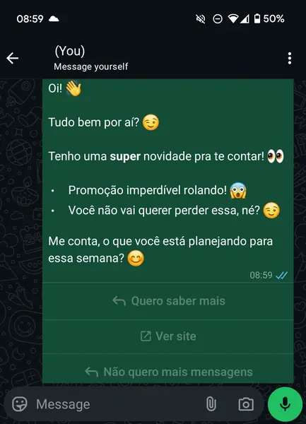 Captura de tela mostrando a mensagem com botões enviada para o WhatsApp