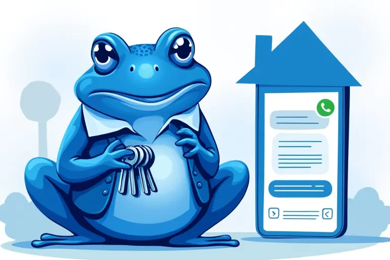 Ilustração mostrando um corretor de imóveis sorridente interagindo com uma interface de chat no WhatsApp em um smartphone, com elementos visuais que sugerem inteligência artificial e dados fluindo.