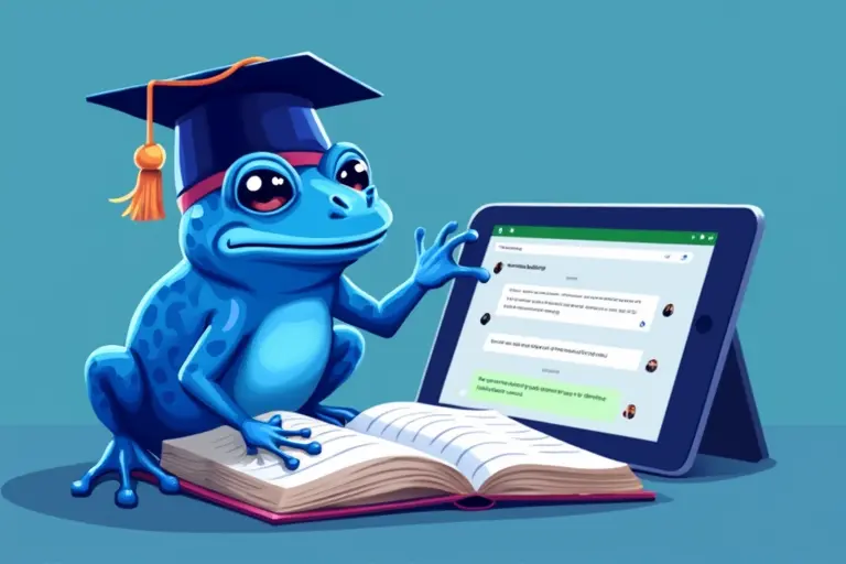 Ilustração de um telefone com um assistente virtual conversando com alunos em um ambiente escolar.