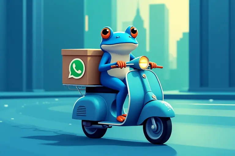 Ilustração de um robô assistente interagindo com um smartphone exibindo o ícone do WhatsApp e elementos de delivery como caixas e ícones de comida.