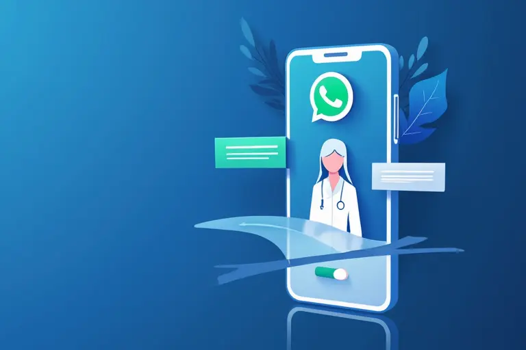 Ilustração de uma secretária virtual em uma tela de celular com o ícone do WhatsApp, representando atendimento automatizado por IA.