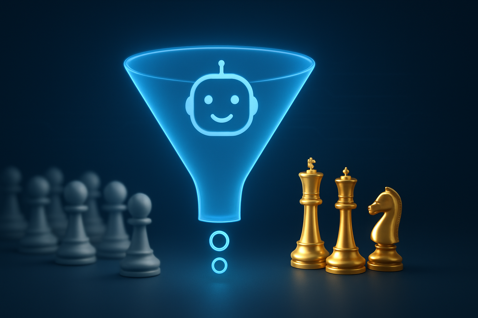 Peões de xadrez de cor cinza passando por um funil e saindo como peças principais de xadrez, rainha, bispo e cavalo, respectivamente, em cor dourada.
